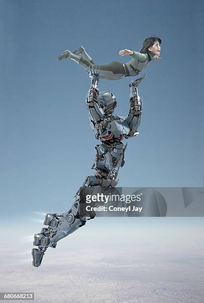 flying robot lifting young girl - child robot stock pictures, royalty-free photos & images
