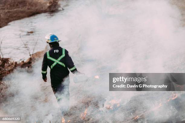 firefighter walking among the smoke - kontrolliertes abbrennen stock-fotos und bilder