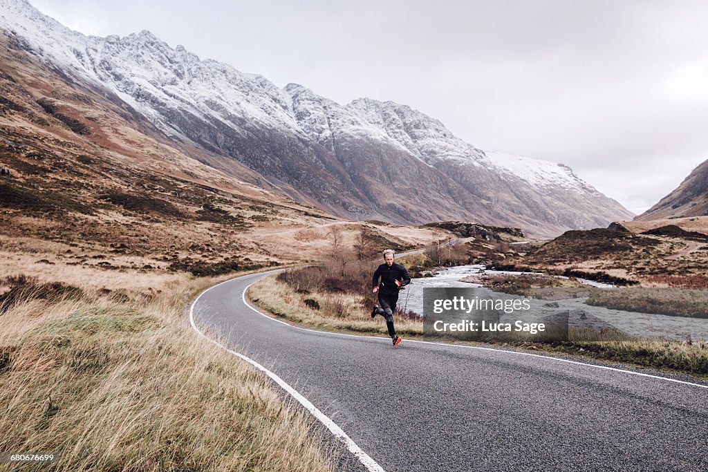 Road running in Scottish highlands near Glencoe