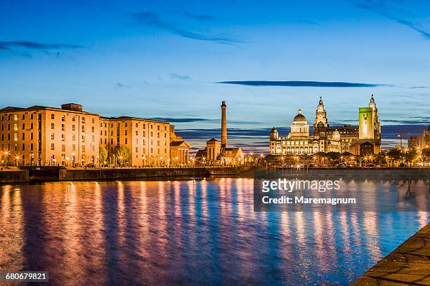 the albert dock and the three graces - liverpool england stock pictures, royalty-free photos & images