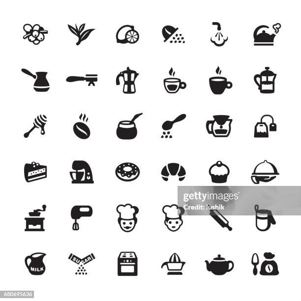 tea, coffee and bakery - icons set - textile bag stock illustrations