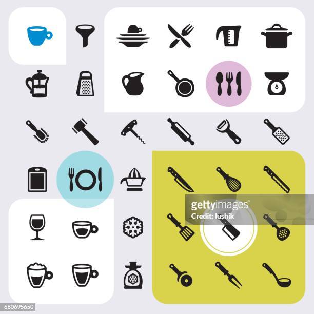 stockillustraties, clipart, cartoons en iconen met keuken gebruiksvoorwerpen icons set - schuimspatel