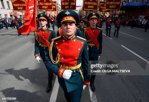 Russian honour guard soldiers parade at Saint Petersburg's Nevsky prospect on May 9 during the Victory Day celebrations. Russia marks the 72nd...