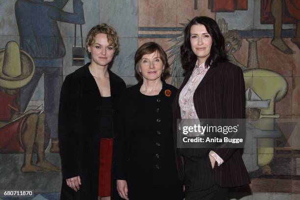 Lisa Wagner, Ruth Reinecke and Claudia Mehnert attend the photo call for the new season of the television show 'Weissensee' on May 9, 2017 in Berlin,...