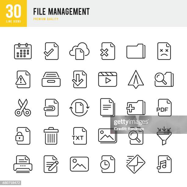 ilustraciones, imágenes clip art, dibujos animados e iconos de stock de manejo de archivo - conjunto de iconos de vector de línea delgada - files