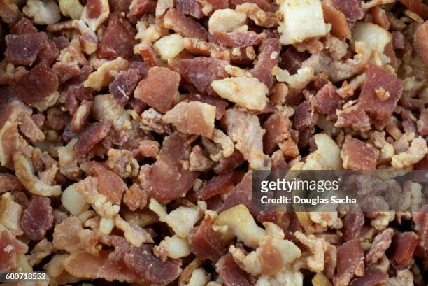 full frame of uncooked bacon bitts - raw bacon stock pictures, royalty-free photos & images