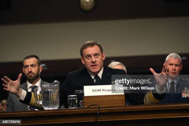 Navy Adm. Michael Rogers, commander of the U.S. Cyber Command, and Director of the National Security Agency, testifies during a Senate Armed Services...