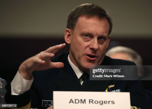 Navy Adm. Michael Rogers, commander of the U.S. Cyber Command, and Director of the National Security Agency, testifies during a Senate Armed Services...