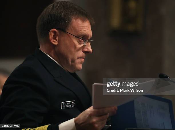 Navy Adm. Michael Rogers, commander of the U.S. Cyber Command, and Director of the National Security Agency, testifies during a Senate Armed Services...