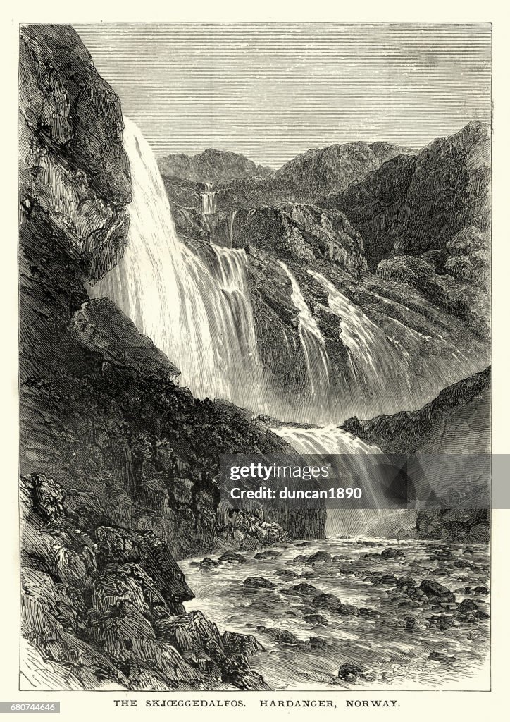 Skjeggedalfoss waterfall, Hardanger, Norway, 1872