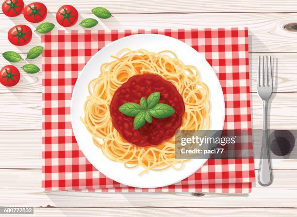 ilustraciones, imágenes clip art, dibujos animados e iconos de stock de pasta italiana spaghetti con salsa de tomate y albahaca fresca - recetas de cocina