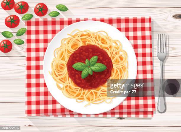 illustrations, cliparts, dessins animés et icônes de pâtes italiennes spaghetti avec sauce tomate et basilic frais - assiettes