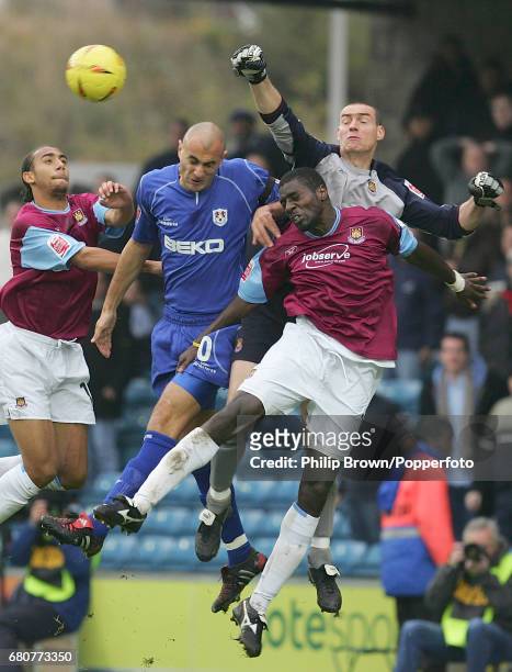 Danny Dichio of Millwall, Anton Ferdinand , Darren Powell and Goalkeeper Stephen Bywater of West Ham in action during the Coca Cola League...