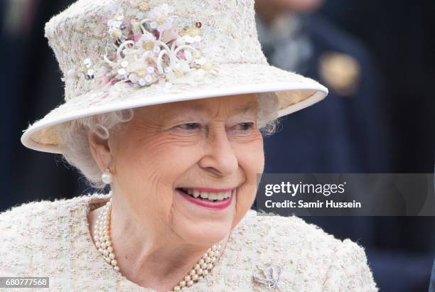 Queen Elizabeth II visits Pangbourne College to celebrate it's centenary at Pangbourne College on May 9, 2017 in Pangbourne, England.