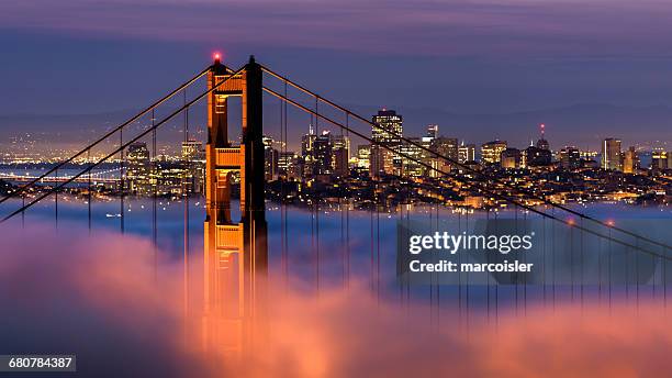 golden gate bridge with city in background, san francisco, california, america, usa - golden gate bridge night stock pictures, royalty-free photos & images