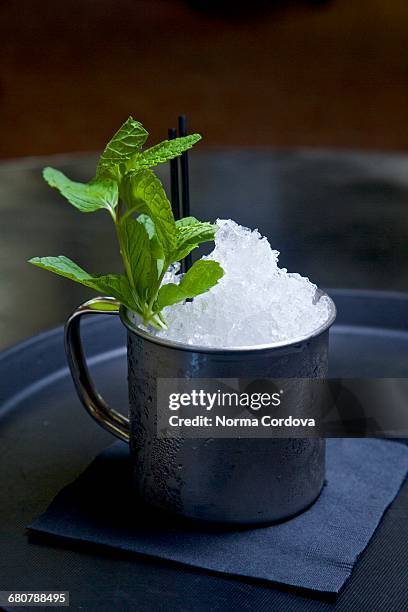 mojito cocktail in tin cup with sprig of mint, close-up - crushed ice 個照片及圖片檔