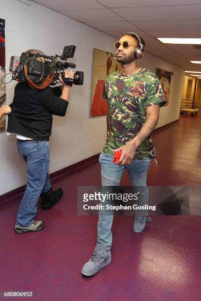 James Young of the Boston Celtics arrives at the arena before Game Four of the Eastern Conference Semifinals against the Washington Wizards during...