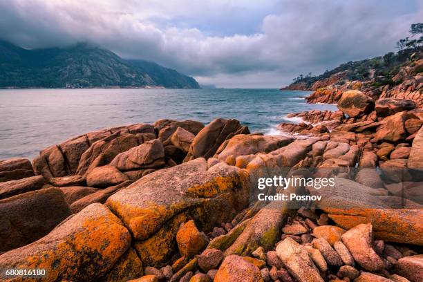 view to the freycinet peninsula hazards from wineglass bay, tasmania - wineglass bay stock pictures, royalty-free photos & images
