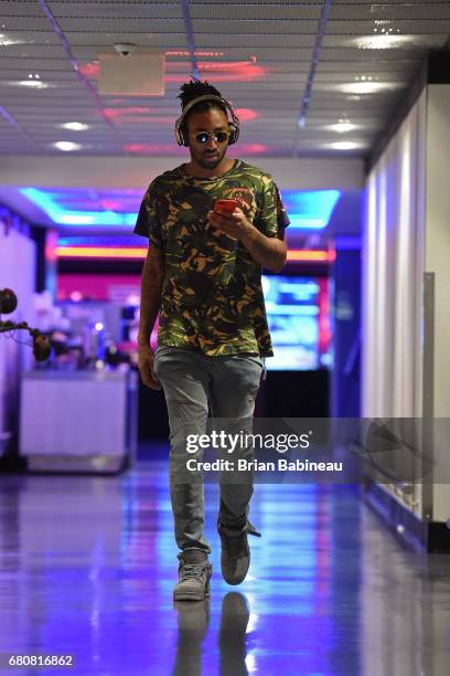 James Young of the Boston Celtics arrives at the arena before Game Four of the Eastern Conference Semifinals against the Washington Wizards during...