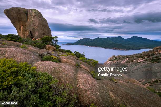 view to wineglass bay from mt parsons, freycinet national park, tasmania - wineglass bay stock pictures, royalty-free photos & images
