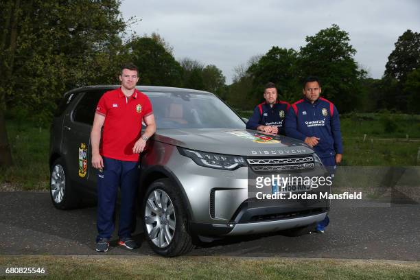 Peter O'Mahony, Justin Tipuric and Billy Vunipola of the British & Irish Lions pose for a picture during the Land Rover Media Activity Day at Syon...
