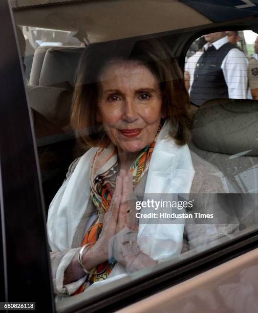 Democratic Leader Nancy Pelosi, who is leading an eight-member US delegation, arrives at Gaggal Airport, on May 9, 2017 in Dharamshala, India. They...