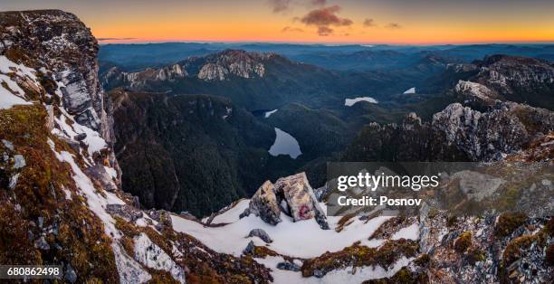 lake cecily, lake gertrude, lake magdalen and lake millicent in franklin-gordon wild rivers national park, tasmania. view from the top of frenchmans cap. - franklin gordon wild rivers nationalpark bildbanksfoton och bilder