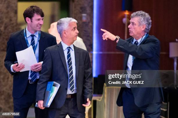 Sunil Gulati President of the United States Football Federation and Angel Maria Villar President of the Spanish Football Federation chat as they...