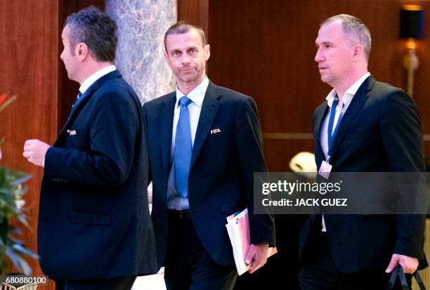 Aleksander Ceferin President of the UEFA leaves following a meeting of the FIFA council in Manama on May 9, 2017. A five-hour long meeting of the...