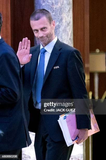 Aleksander Ceferin President of the UEFA leaves following a meeting of the FIFA council in Manama on May 9, 2017. A five-hour long meeting of the...