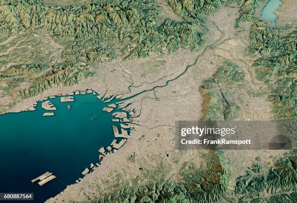 osaka 3d render satellite view topographic map horizontal - land feature stock pictures, royalty-free photos & images