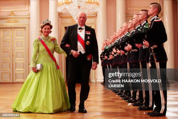 Queen Sonja and King Harald of Norway arrive for a gala dinner at the Royal Palace in Oslo, Norway on May 9, 2017 to mark the 80th Birthday of the...