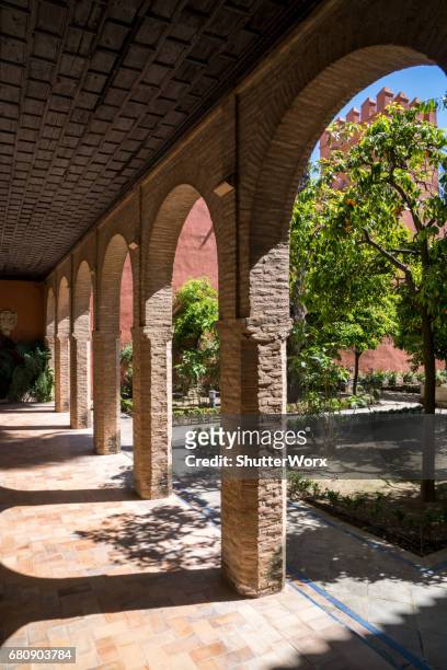 buildings and gardens in the alcázar of seville in andalusia sevillia spain - seville palace stock pictures, royalty-free photos & images