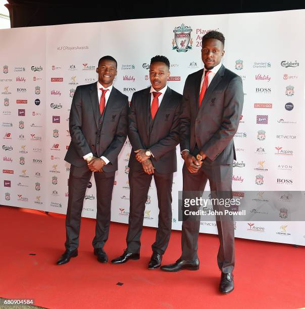 Georginio Wijnaldum, Nathaniel Clyne and Divock Origi of Liverpool arrives at the Liverpool FC Player Awards at Anfield on May 9, 2017 in Liverpool,...