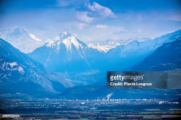 industrial development in rhone valley, valais canton, near lake geneva - switzerland - rhone valley stock pictures, royalty-free photos & images