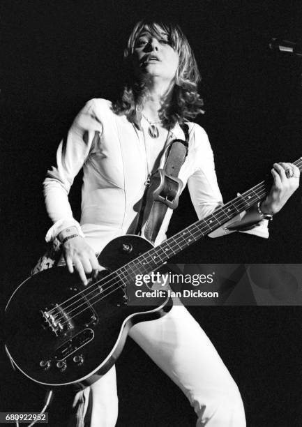 Suzi Quatro performing on stage, United Kingdom, 1974.