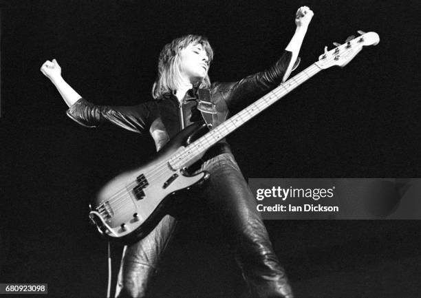 Suzi Quatro performing on stage, United Kingdom, 1974.