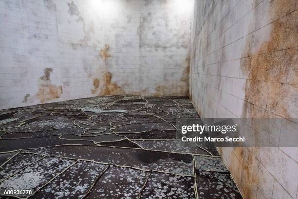 General view of the installations by Gal Weinstein "Jesreel Valley in the Dark" Polyurethane, coffee, and sugar seen during the press preview of the...