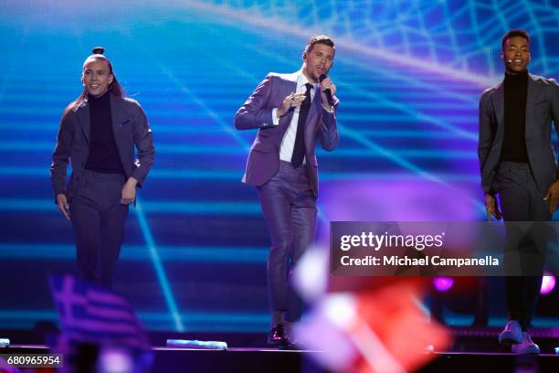 Robin Bengtsson representing Sweden performs the song 'I Can't Go On' during the first semi final of the 62nd Eurovision Song Contest at...