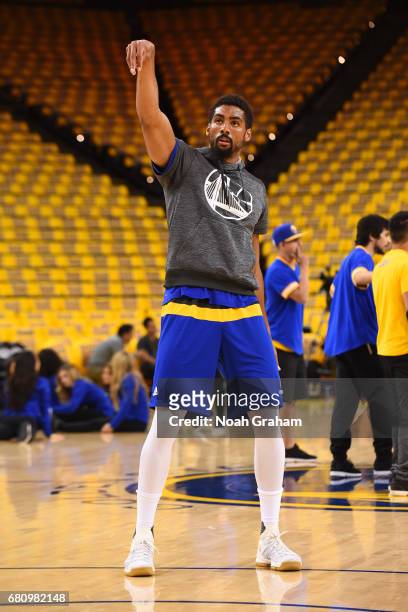 James Michael McAdoo of the Golden State Warriors warms up before Game Two the Western Conference Semifinals against the Utah Jazz during the 2017...