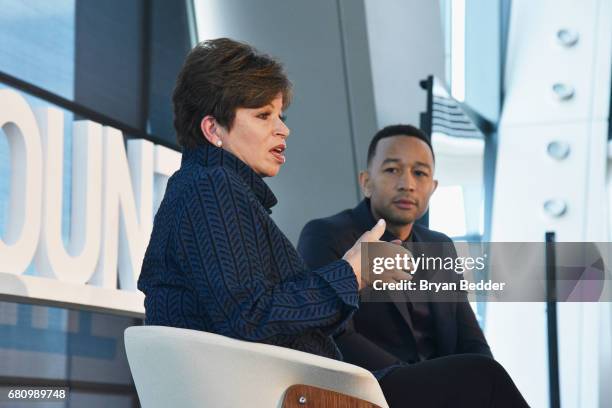 Lawyer & Civic Leader Valerie Jarrett and Singer/Songwriter John Legend speak onstage during the 4th Annual Town & Country Philanthropy Summit at...