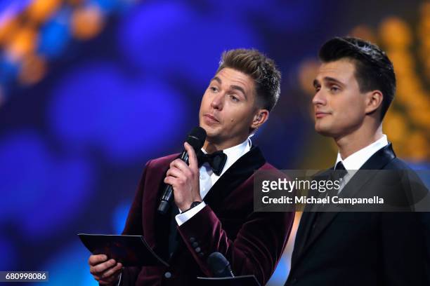 Oleksandr Skichko and Volodymur Ostapchuk speak on stage during the first semi final of the 62nd Eurovision Song Contest at International Exhibition...