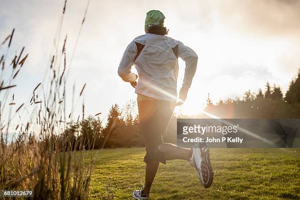 woman jogs through wet grass as sun rises - women in wet tee shirts stock pictures, royalty-free photos & images
