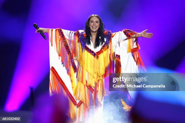 Jamala, winner of 2016 performs during the first semi final of the 62nd Eurovision Song Contest at International Exhibition Centre on May 9, 2017 in...