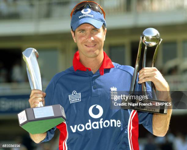 England Captain Michael Vaughan with both trophys won in the Natwest series wins against Pakistan and South Africa