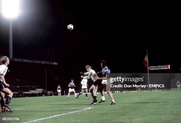 West Ham United's Billy Bonds gets in a header at goal