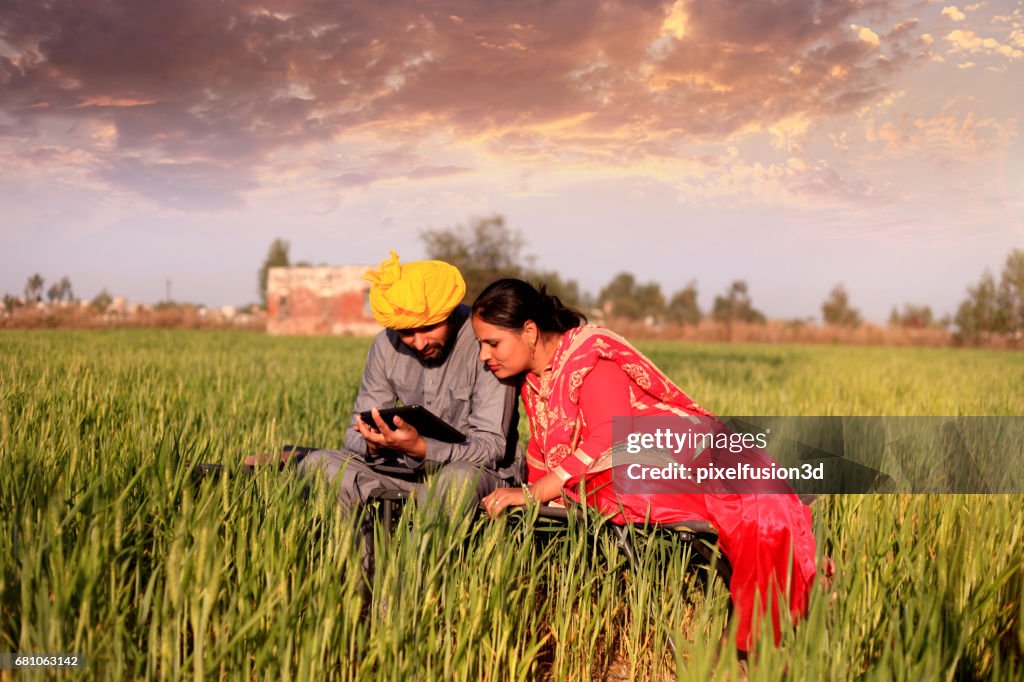 Cheerful couple using tablet computer in the nature