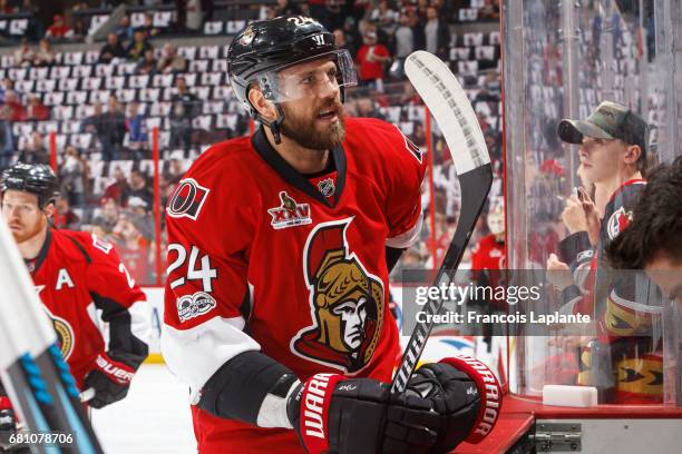 Viktor Stalberg of the Ottawa Senators chats with traitors at the bench during warmup prior to Game Five of the Eastern Conference Second Round...