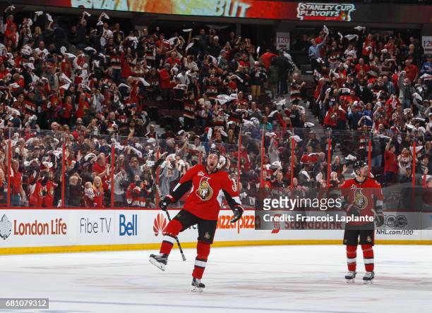 Mark Stone of the Ottawa Senators celebrate their overtime win over the New York Rangers in Game Five of the Eastern Conference Second Round during...