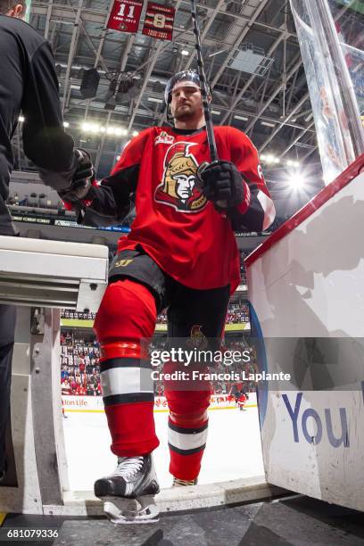 Mark Stone of the Ottawa Senators steps of the ice after warmup prior to Game Five of the Eastern Conference Second Round against the New York...